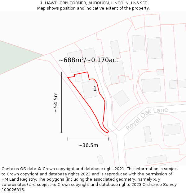 1, HAWTHORN CORNER, AUBOURN, LINCOLN, LN5 9FF: Plot and title map