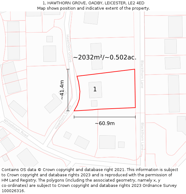 1, HAWTHORN GROVE, OADBY, LEICESTER, LE2 4ED: Plot and title map