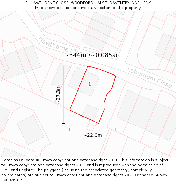 1, HAWTHORNE CLOSE, WOODFORD HALSE, DAVENTRY, NN11 3NY: Plot and title map