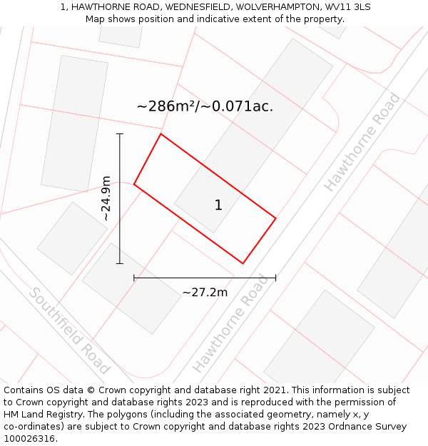 1, HAWTHORNE ROAD, WEDNESFIELD, WOLVERHAMPTON, WV11 3LS: Plot and title map