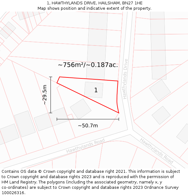 1, HAWTHYLANDS DRIVE, HAILSHAM, BN27 1HE: Plot and title map