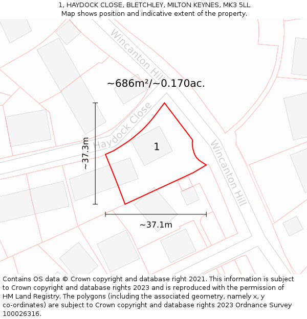 1, HAYDOCK CLOSE, BLETCHLEY, MILTON KEYNES, MK3 5LL: Plot and title map