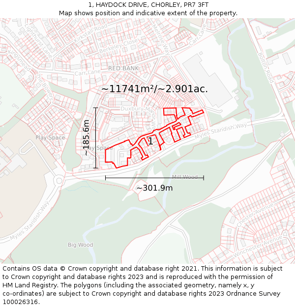 1, HAYDOCK DRIVE, CHORLEY, PR7 3FT: Plot and title map
