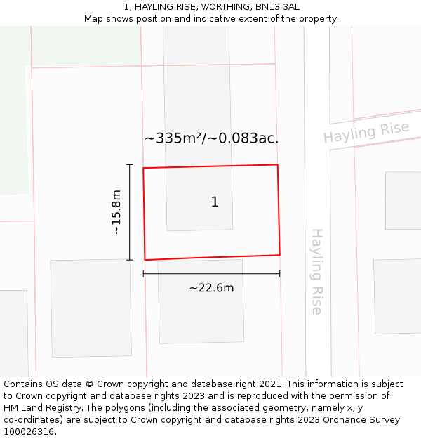 1, HAYLING RISE, WORTHING, BN13 3AL: Plot and title map