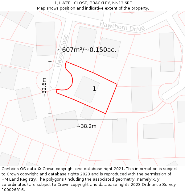 1, HAZEL CLOSE, BRACKLEY, NN13 6PE: Plot and title map