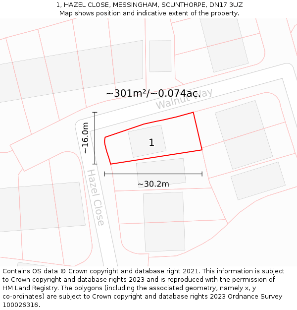1, HAZEL CLOSE, MESSINGHAM, SCUNTHORPE, DN17 3UZ: Plot and title map