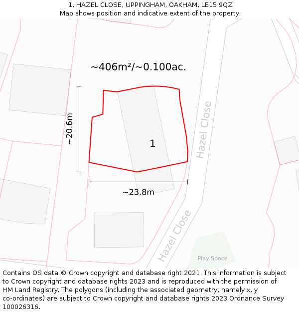 1, HAZEL CLOSE, UPPINGHAM, OAKHAM, LE15 9QZ: Plot and title map