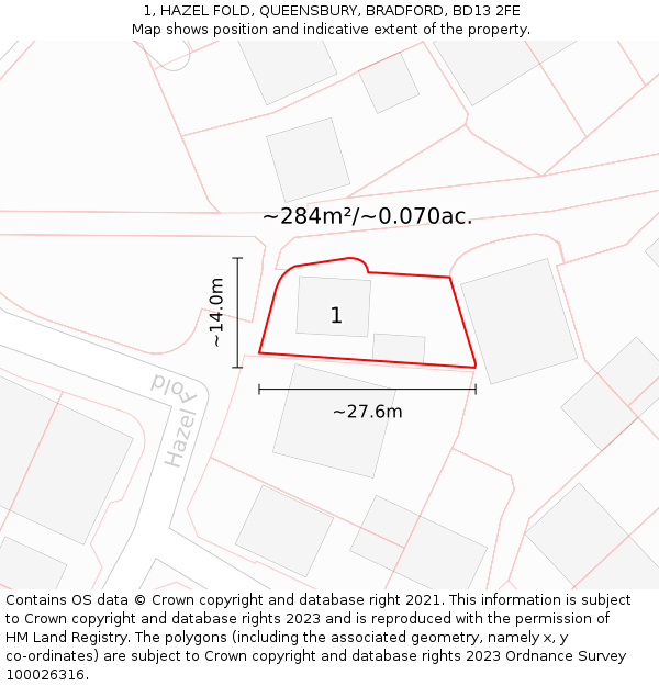 1, HAZEL FOLD, QUEENSBURY, BRADFORD, BD13 2FE: Plot and title map