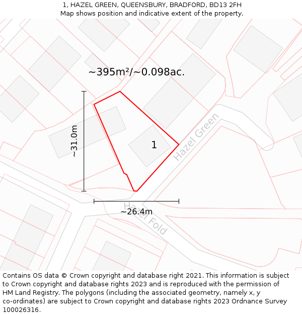 1, HAZEL GREEN, QUEENSBURY, BRADFORD, BD13 2FH: Plot and title map