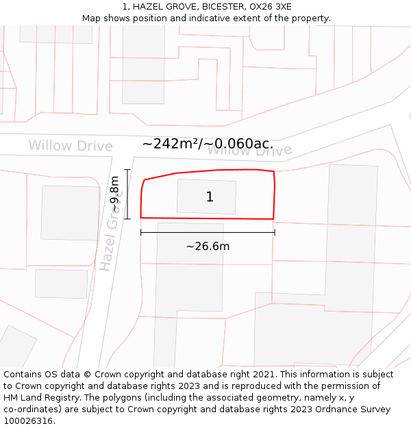 1, HAZEL GROVE, BICESTER, OX26 3XE: Plot and title map