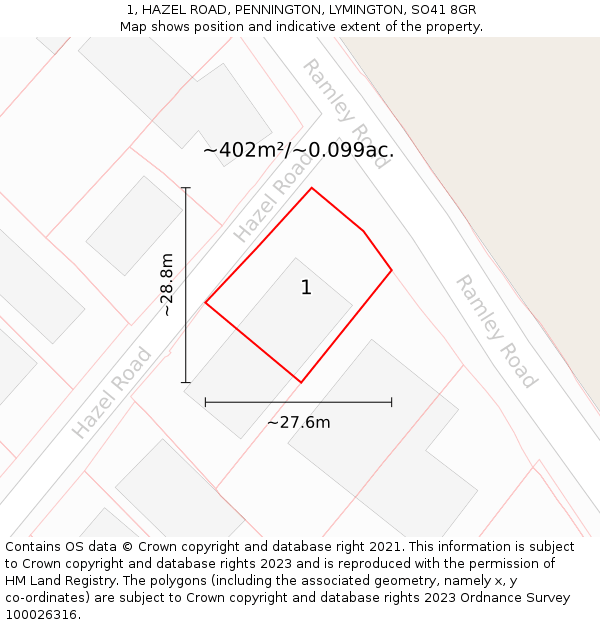 1, HAZEL ROAD, PENNINGTON, LYMINGTON, SO41 8GR: Plot and title map