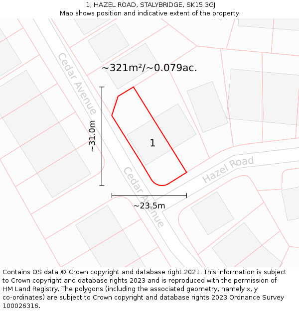 1, HAZEL ROAD, STALYBRIDGE, SK15 3GJ: Plot and title map