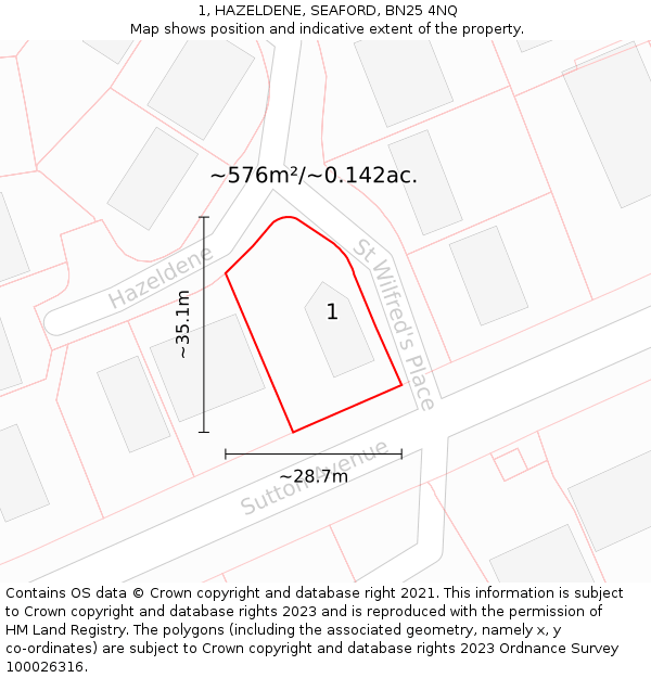 1, HAZELDENE, SEAFORD, BN25 4NQ: Plot and title map