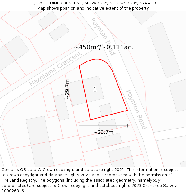 1, HAZELDINE CRESCENT, SHAWBURY, SHREWSBURY, SY4 4LD: Plot and title map