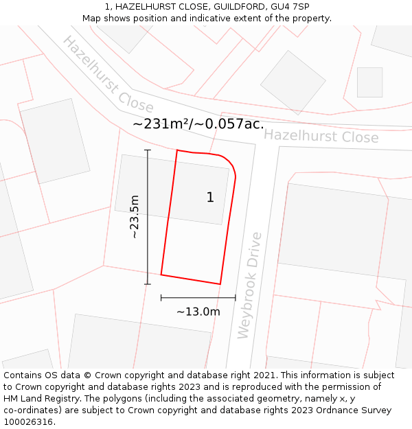 1, HAZELHURST CLOSE, GUILDFORD, GU4 7SP: Plot and title map