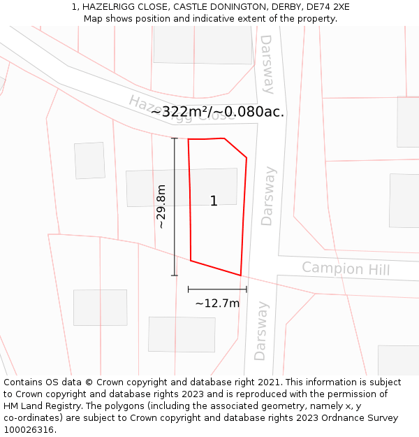 1, HAZELRIGG CLOSE, CASTLE DONINGTON, DERBY, DE74 2XE: Plot and title map