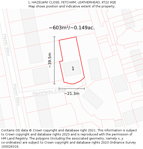 1, HAZELWAY CLOSE, FETCHAM, LEATHERHEAD, KT22 9QE: Plot and title map
