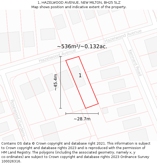 1, HAZELWOOD AVENUE, NEW MILTON, BH25 5LZ: Plot and title map
