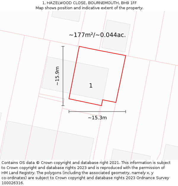 1, HAZELWOOD CLOSE, BOURNEMOUTH, BH9 1FF: Plot and title map