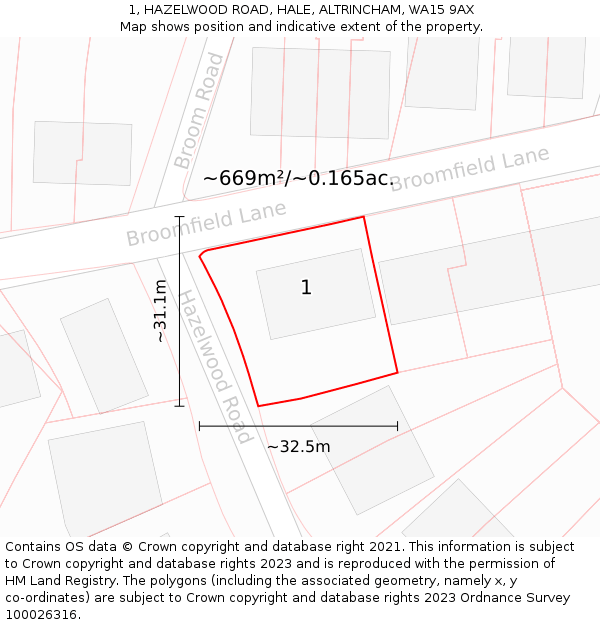 1, HAZELWOOD ROAD, HALE, ALTRINCHAM, WA15 9AX: Plot and title map