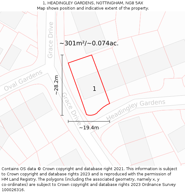 1, HEADINGLEY GARDENS, NOTTINGHAM, NG8 5AX: Plot and title map