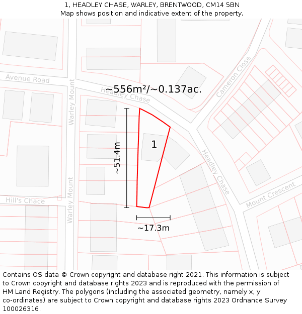 1, HEADLEY CHASE, WARLEY, BRENTWOOD, CM14 5BN: Plot and title map