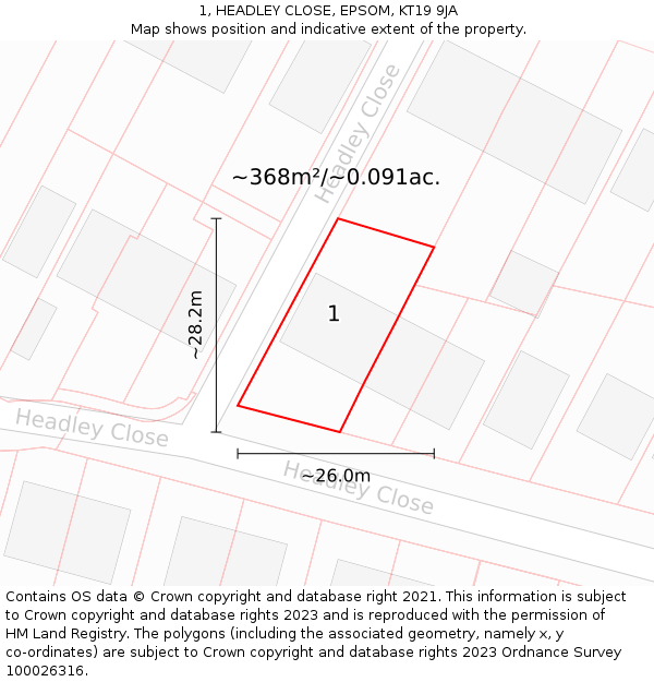 1, HEADLEY CLOSE, EPSOM, KT19 9JA: Plot and title map