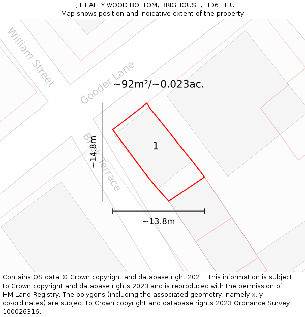 1, HEALEY WOOD BOTTOM, BRIGHOUSE, HD6 1HU: Plot and title map