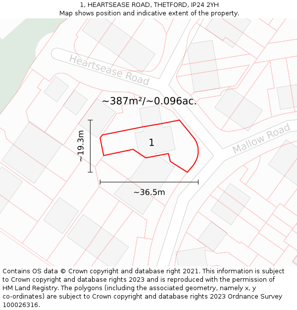 1, HEARTSEASE ROAD, THETFORD, IP24 2YH: Plot and title map