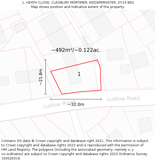 1, HEATH CLOSE, CLEOBURY MORTIMER, KIDDERMINSTER, DY14 8ED: Plot and title map