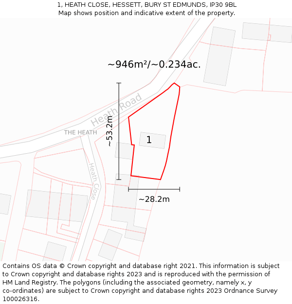 1, HEATH CLOSE, HESSETT, BURY ST EDMUNDS, IP30 9BL: Plot and title map