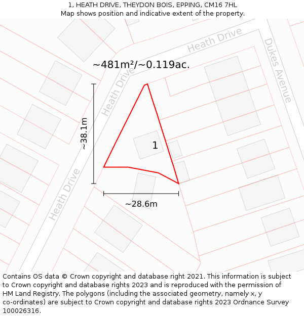 1, HEATH DRIVE, THEYDON BOIS, EPPING, CM16 7HL: Plot and title map