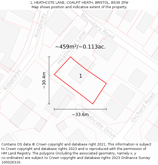 1, HEATHCOTE LANE, COALPIT HEATH, BRISTOL, BS36 2PW: Plot and title map