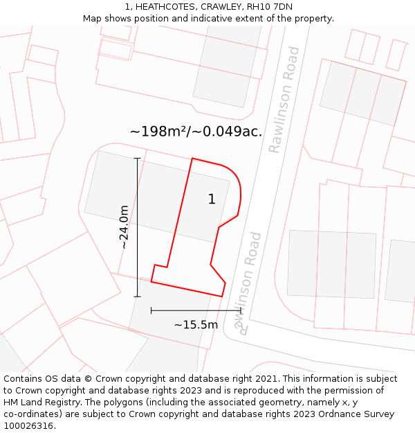 1, HEATHCOTES, CRAWLEY, RH10 7DN: Plot and title map