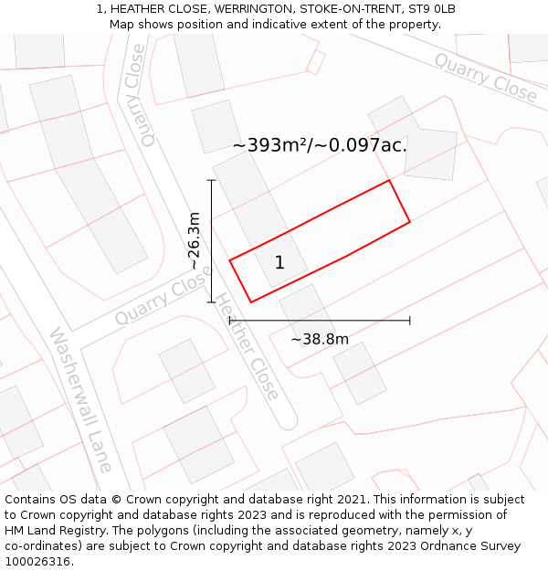1, HEATHER CLOSE, WERRINGTON, STOKE-ON-TRENT, ST9 0LB: Plot and title map