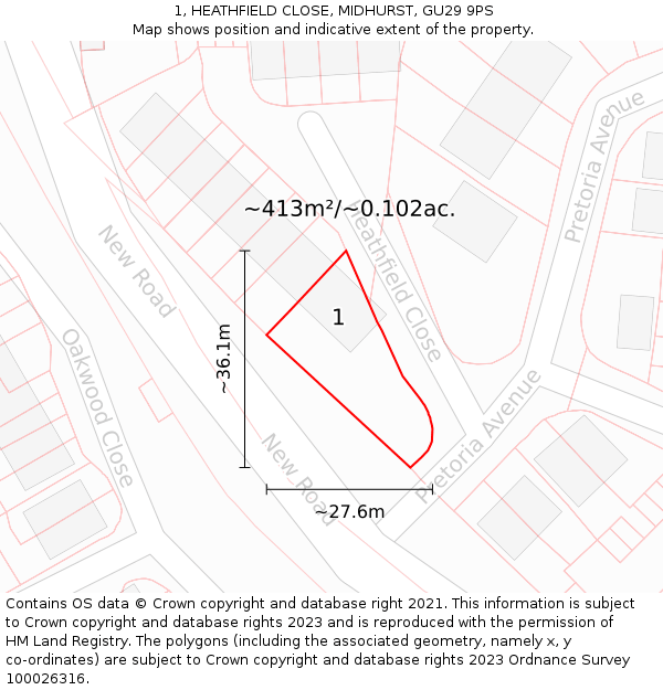 1, HEATHFIELD CLOSE, MIDHURST, GU29 9PS: Plot and title map