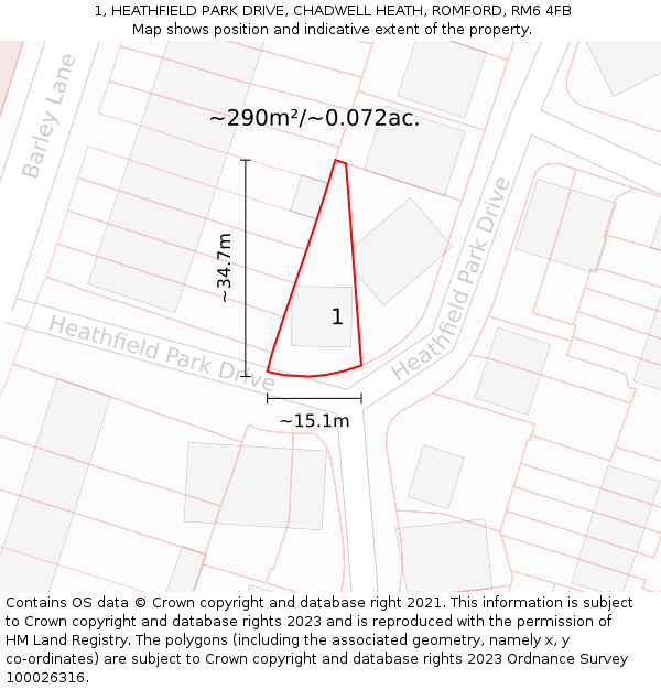 1, HEATHFIELD PARK DRIVE, CHADWELL HEATH, ROMFORD, RM6 4FB: Plot and title map