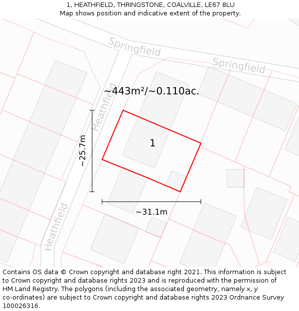 1, HEATHFIELD, THRINGSTONE, COALVILLE, LE67 8LU: Plot and title map