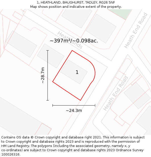 1, HEATHLAND, BAUGHURST, TADLEY, RG26 5NF: Plot and title map