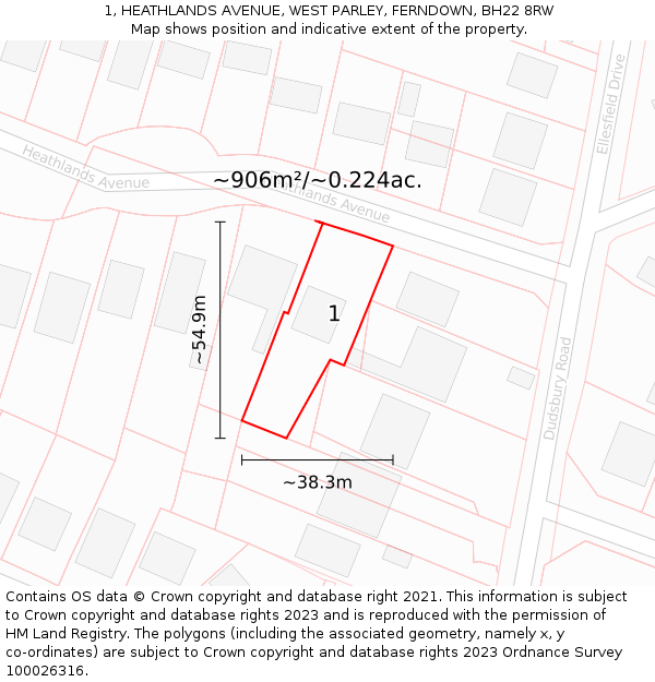 1, HEATHLANDS AVENUE, WEST PARLEY, FERNDOWN, BH22 8RW: Plot and title map