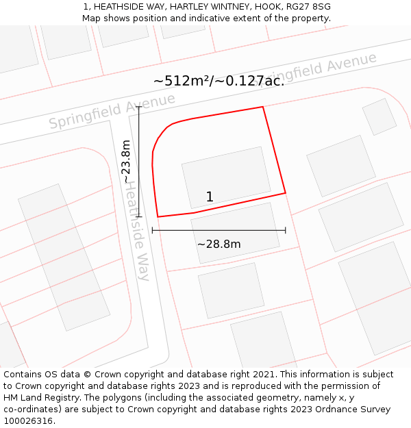 1, HEATHSIDE WAY, HARTLEY WINTNEY, HOOK, RG27 8SG: Plot and title map