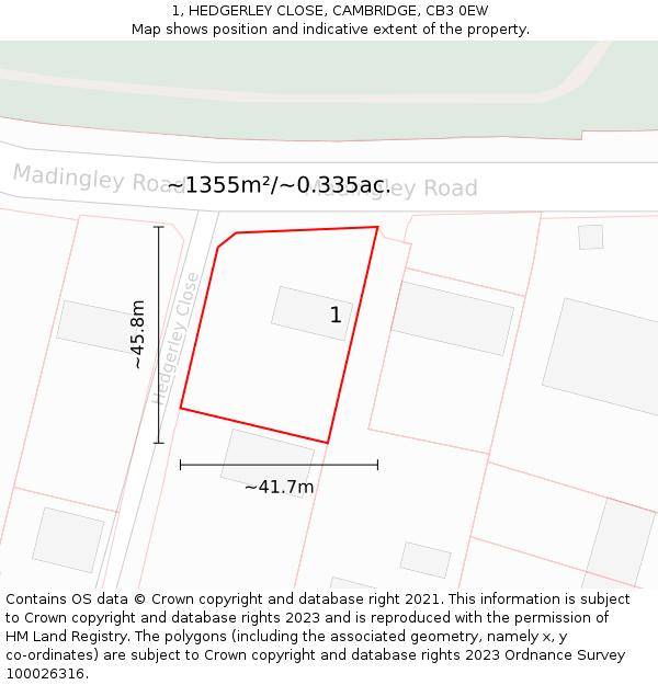 1, HEDGERLEY CLOSE, CAMBRIDGE, CB3 0EW: Plot and title map