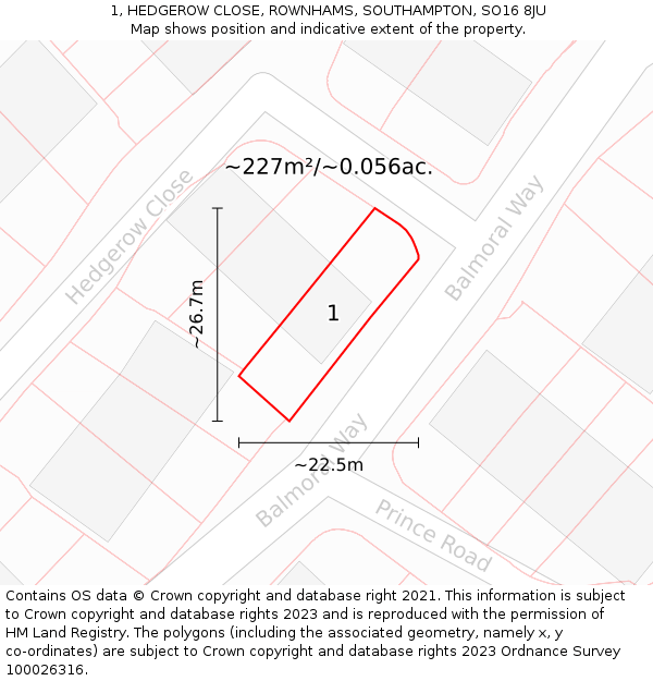 1, HEDGEROW CLOSE, ROWNHAMS, SOUTHAMPTON, SO16 8JU: Plot and title map
