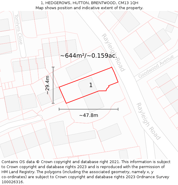 1, HEDGEROWS, HUTTON, BRENTWOOD, CM13 1QH: Plot and title map