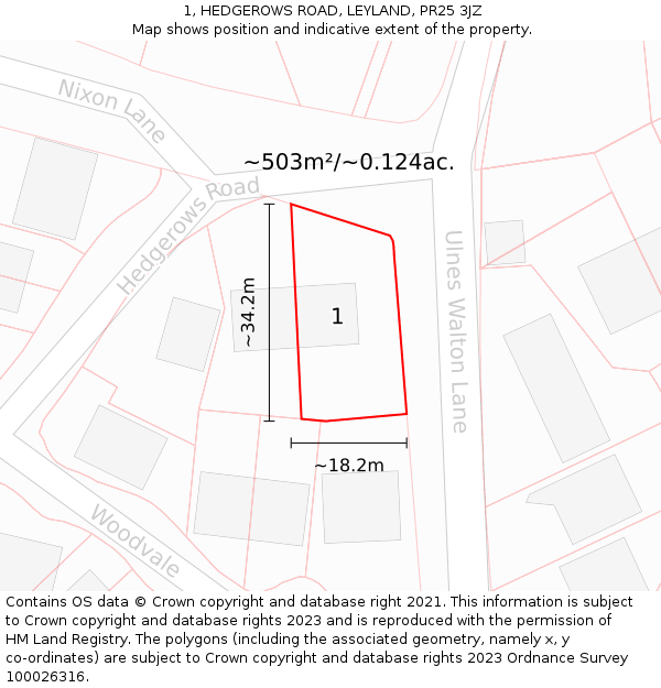 1, HEDGEROWS ROAD, LEYLAND, PR25 3JZ: Plot and title map
