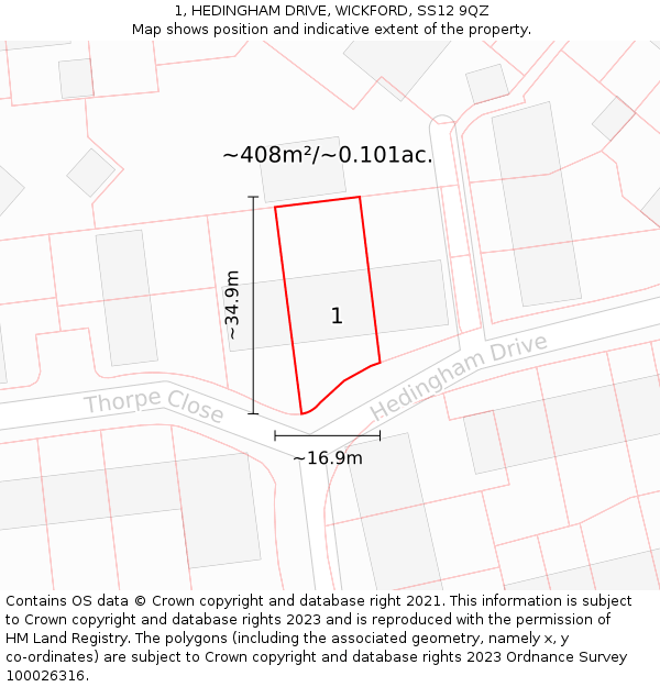 1, HEDINGHAM DRIVE, WICKFORD, SS12 9QZ: Plot and title map