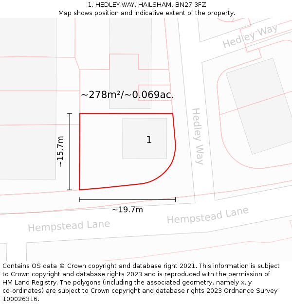 1, HEDLEY WAY, HAILSHAM, BN27 3FZ: Plot and title map