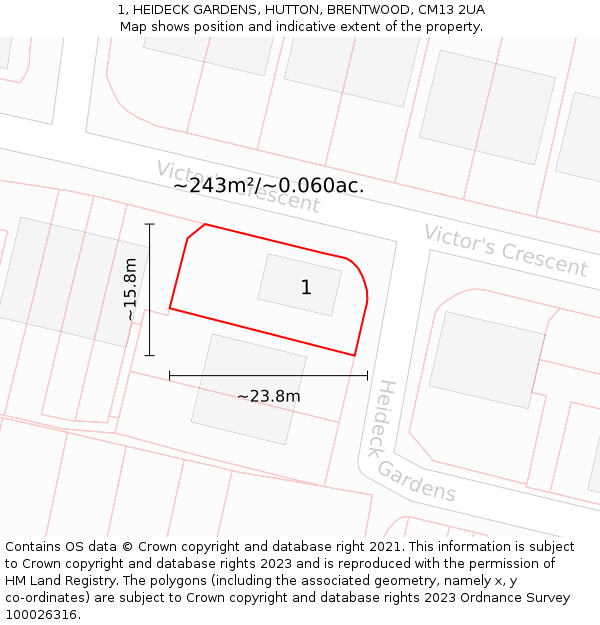 1, HEIDECK GARDENS, HUTTON, BRENTWOOD, CM13 2UA: Plot and title map