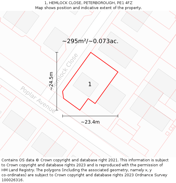 1, HEMLOCK CLOSE, PETERBOROUGH, PE1 4FZ: Plot and title map