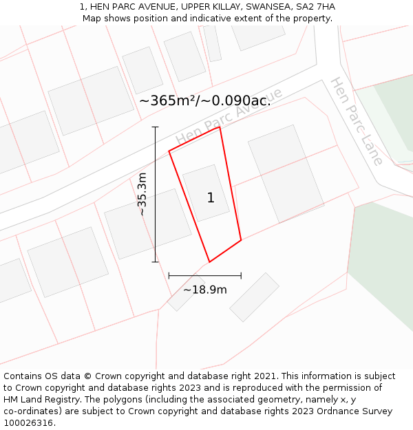 1, HEN PARC AVENUE, UPPER KILLAY, SWANSEA, SA2 7HA: Plot and title map